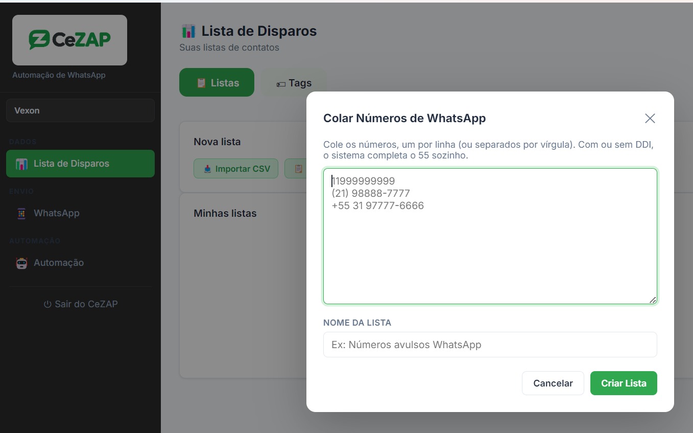 Tela de colar números de WhatsApp em lote pra criar lista de contatos