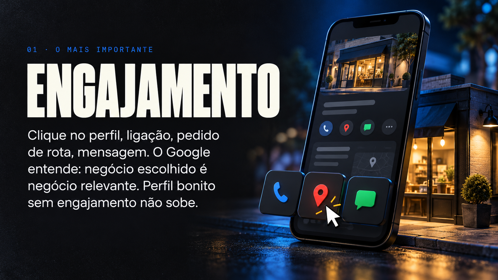 Engajamento: clique no perfil, ligação, pedido de rota, mensagem. Perfil bonito sem engajamento não sobe
